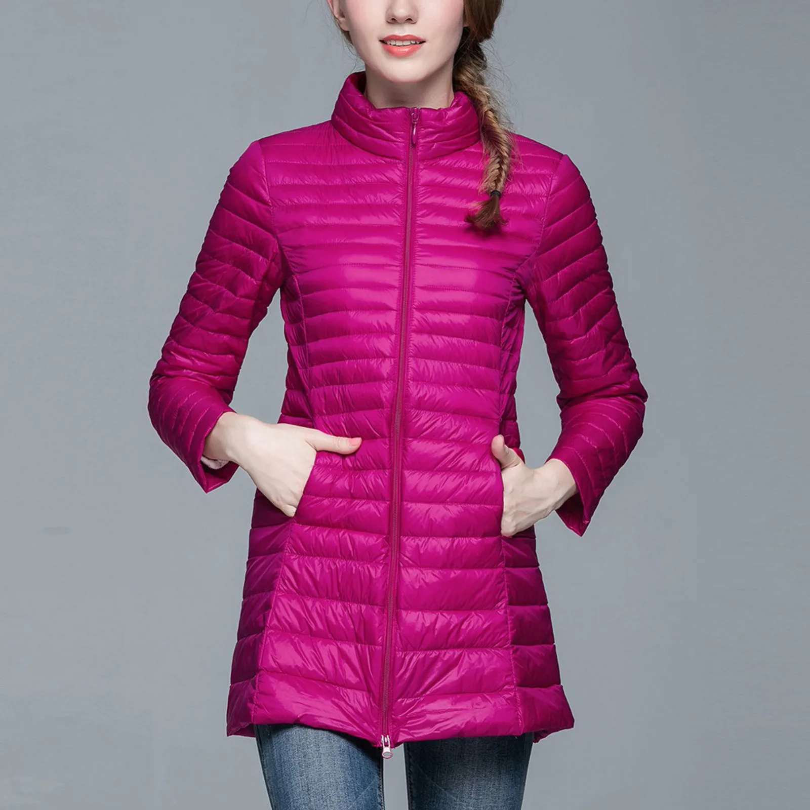 Jaquetas femininas puffer com gola de suporte, casacos casuais de manga comprida, monocromáticos, extrafina, plus size, feminina, novo, 2024