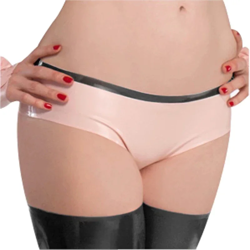 

Latex Briefs Shorts Sexy Fetish Baby Pink with Black Rubber Underwear Custom Made for Women