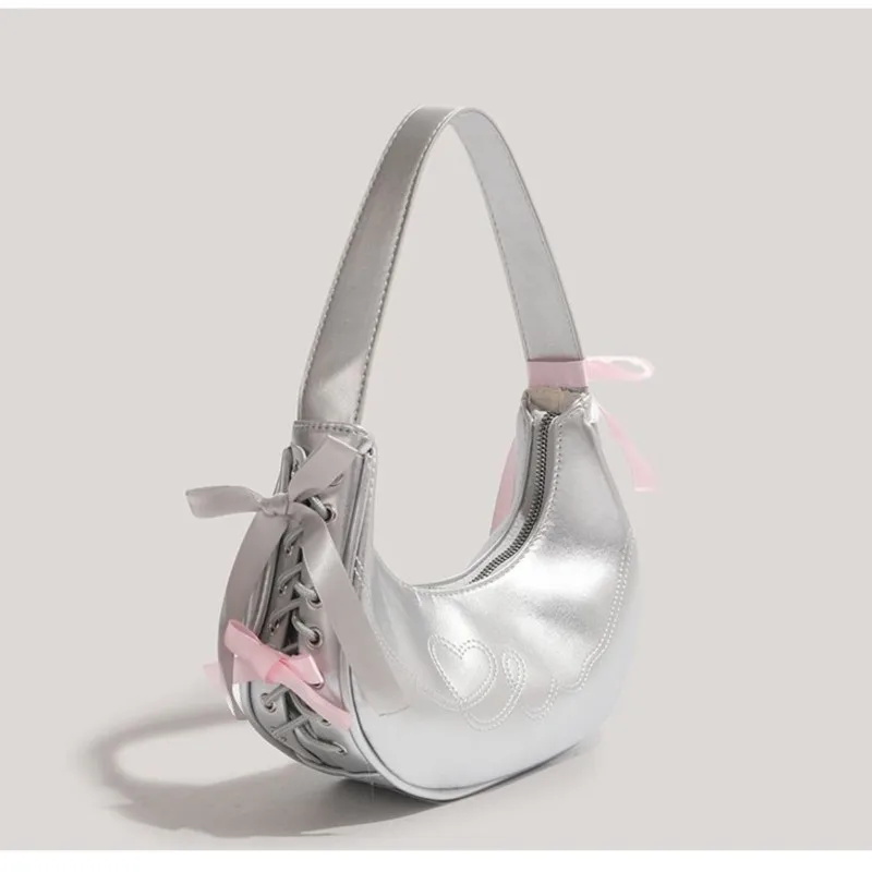 JIAERDI Hot Girls Silver Y2k Underarm Bag Purse Women Versatile Leather Bow Half Moon Bags Ladies Fairy Core Handbag Aesthetic