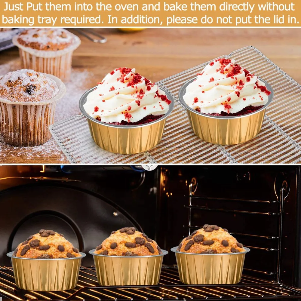 AFOURT-Dessertbecher mit Deckeln, 75er-Pack Goldene Aluminium-Backförmchen, Cupcake-Backformen, Transparente Pudding-Becher – Detail 1