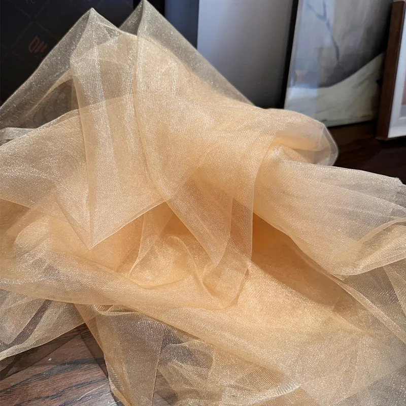 Golden Khaki Pearlescent Glitter Mesh Yarn Photo Draping Fabric for Wedding Background Soft Gauze Fabric
