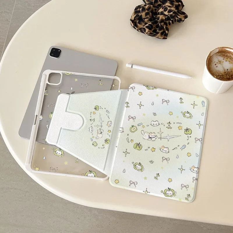 360 Degree Rotation Smart Cover for Ipad Air 5th Generation Case 10.2 7th 8th 9th for Samsung Tab S7 S8 S9 11 Plus Bow Kitten