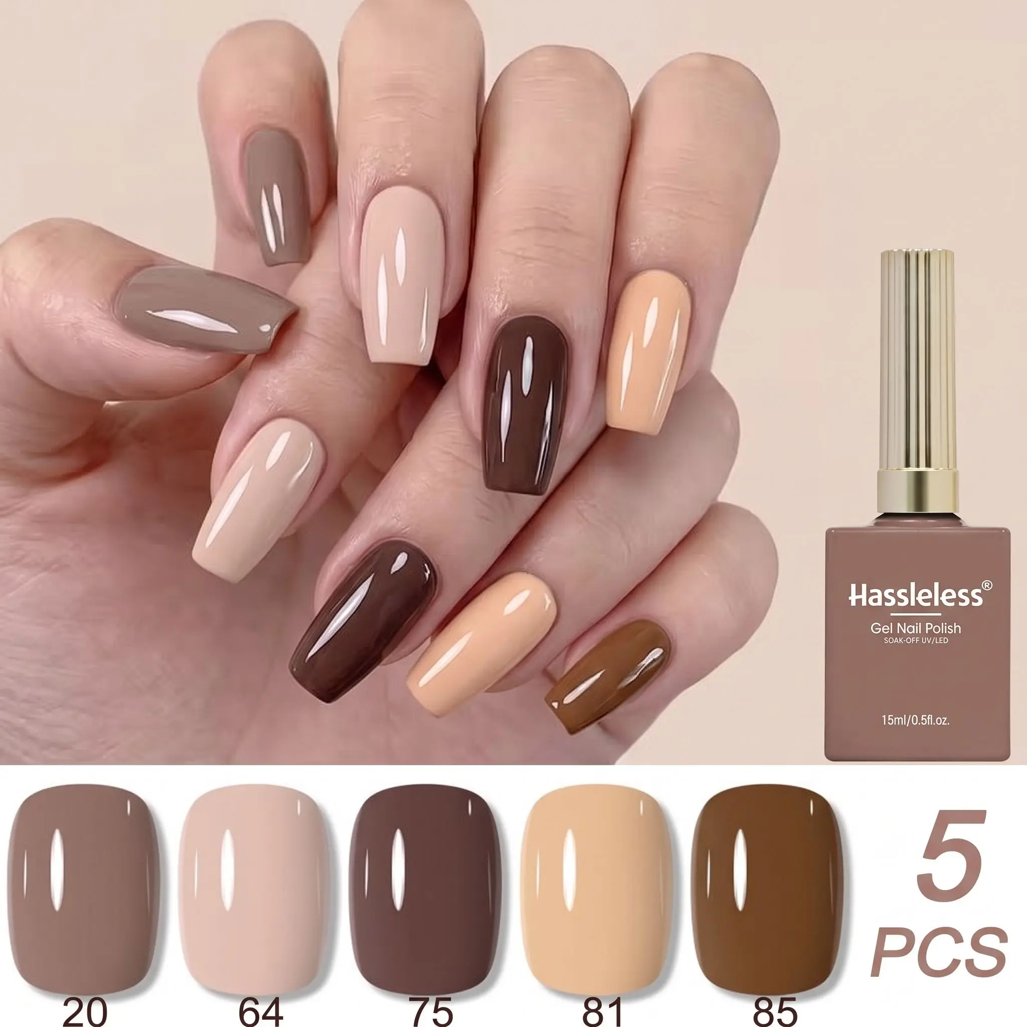 Hassleless 5Pcs Nail Polish Gel Set, Each Bottle Contains 0.5 Ounces, This Removable Nail Gel Is Suitable for Nail Art Creation and Can Create a Semi-Permanent Gel Nail Effect