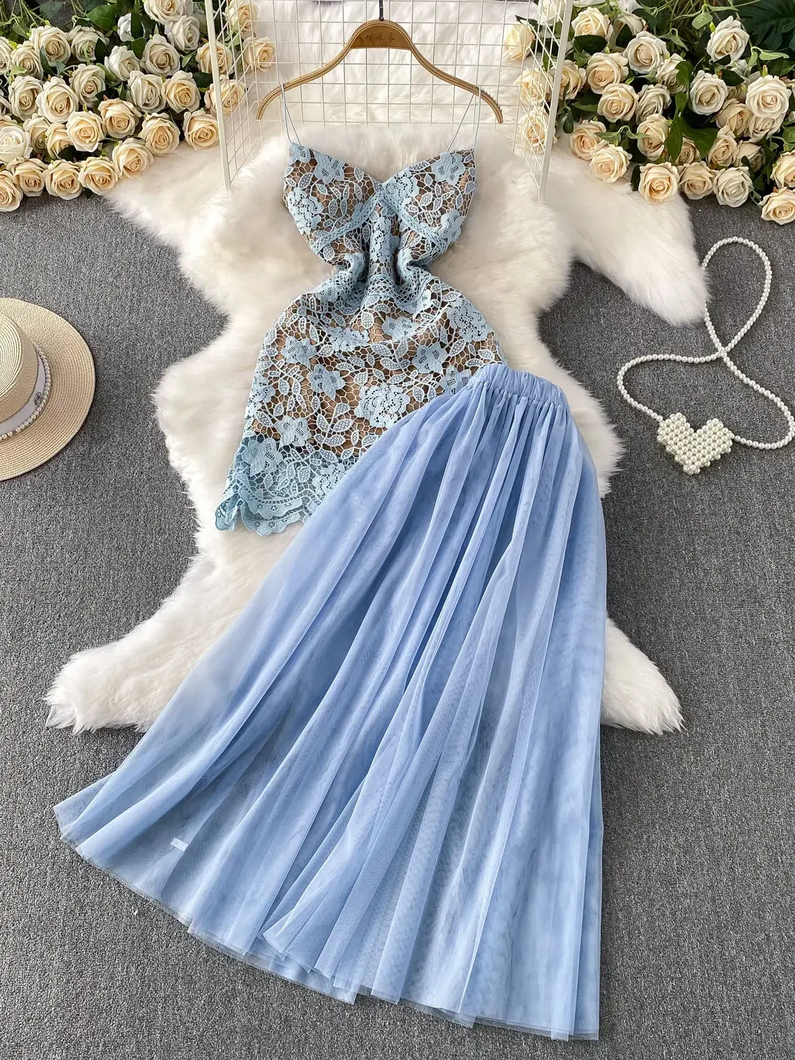 

Women's 2 Piece Evening Dress Set: Sleeveless Embroidered Top & Long Tulle Skirt, Luxury Formal Gown for Summer