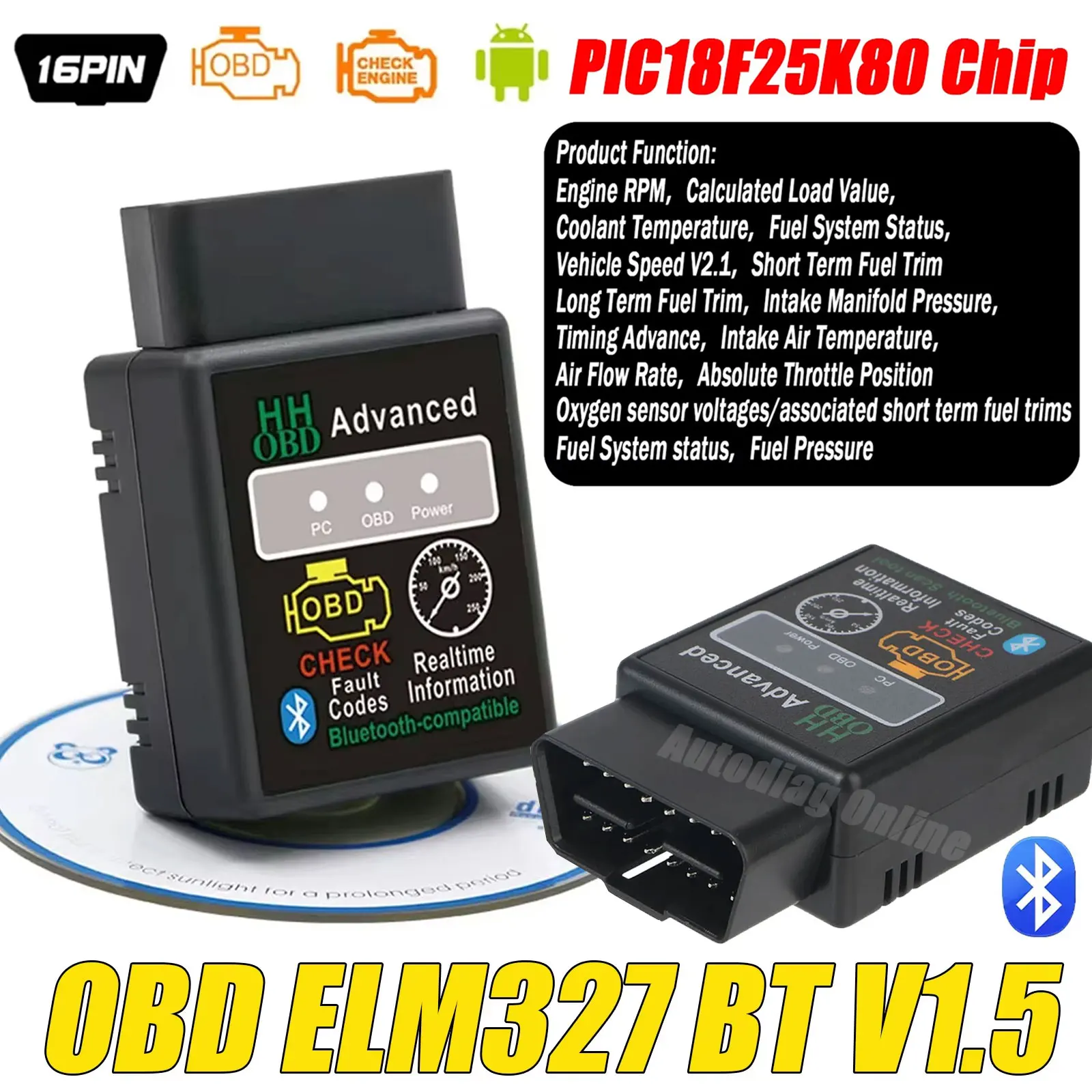

ELM327 Diagnostic Scanner V1.5 OBD2 Code Reader Scanner Bluetooth 16Pin OBD2 Interface Adapter 12V Auto Engine Tester Scanner