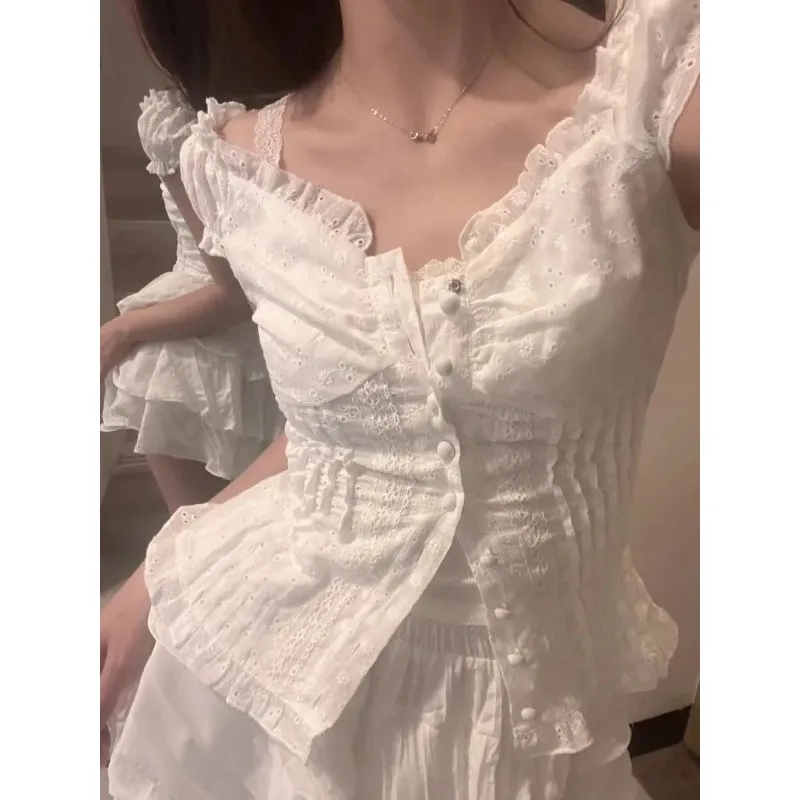 

Women's White Lace Trim Blouse Sleeveless Ruffled Peplum Top with Button Front