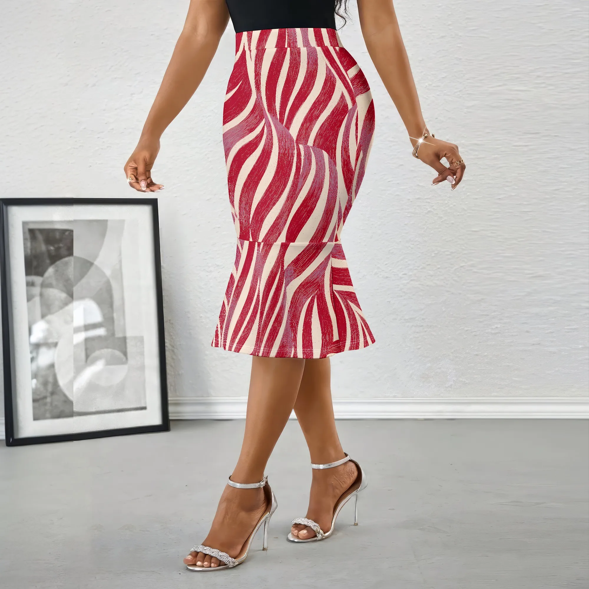 Mermaid Skirt, Red Wave Print Midi Skirt, High Waist Pencil Skirt, Ruffle Hem Bodycon Skirt for Women Party Club Wear, S-2XL