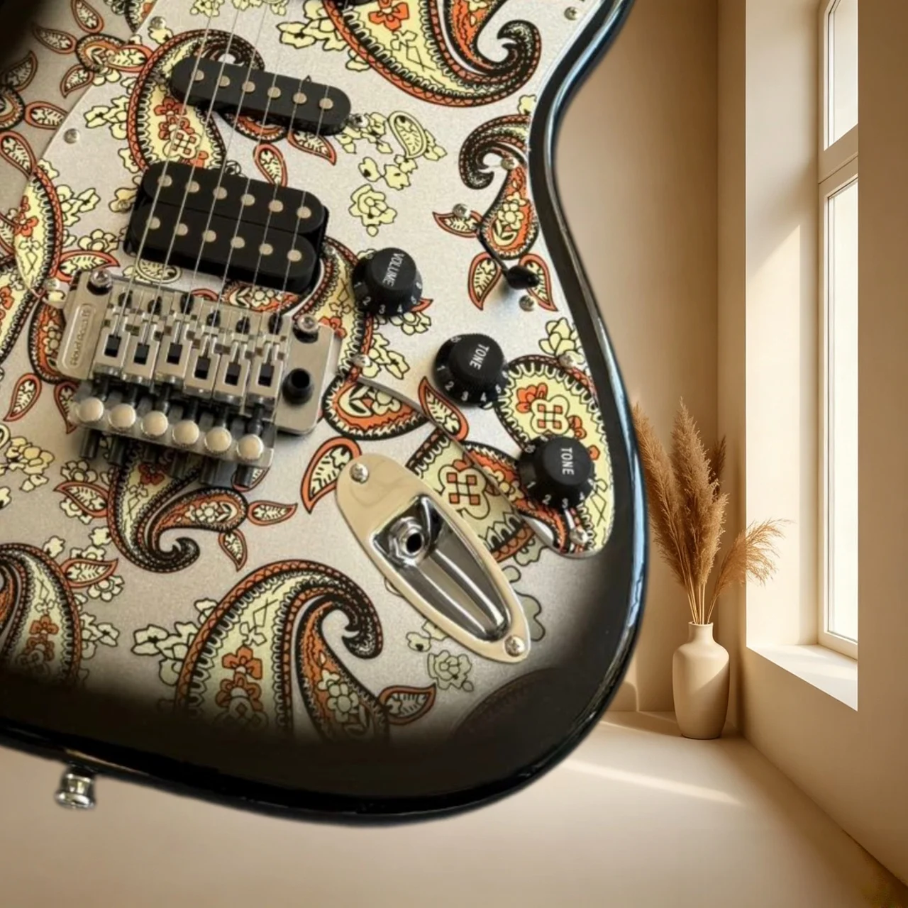 STRE Paisley Print Super Strat Electric Guitar HSH Pickup Double Tremolo Maple Fretboard Star Inlay Metal Hard Rock Stage Guitar