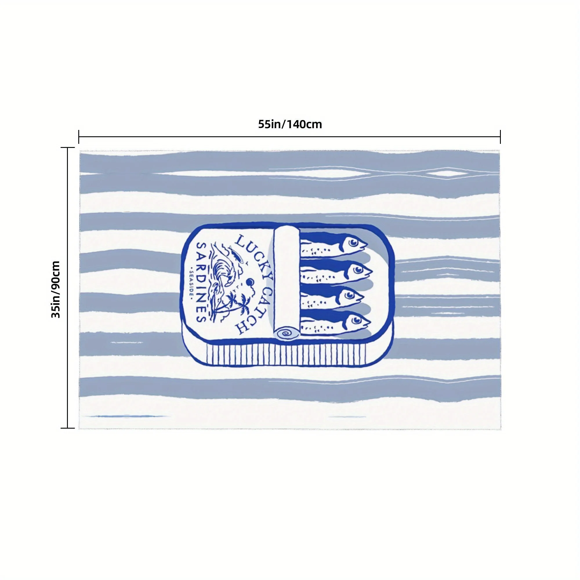 Vintage Sardine Tin Art Tablecloth,Blue White Striped Seafood Can Graphic Art Print Table Cover for Dining, Kitchen & Home Decor