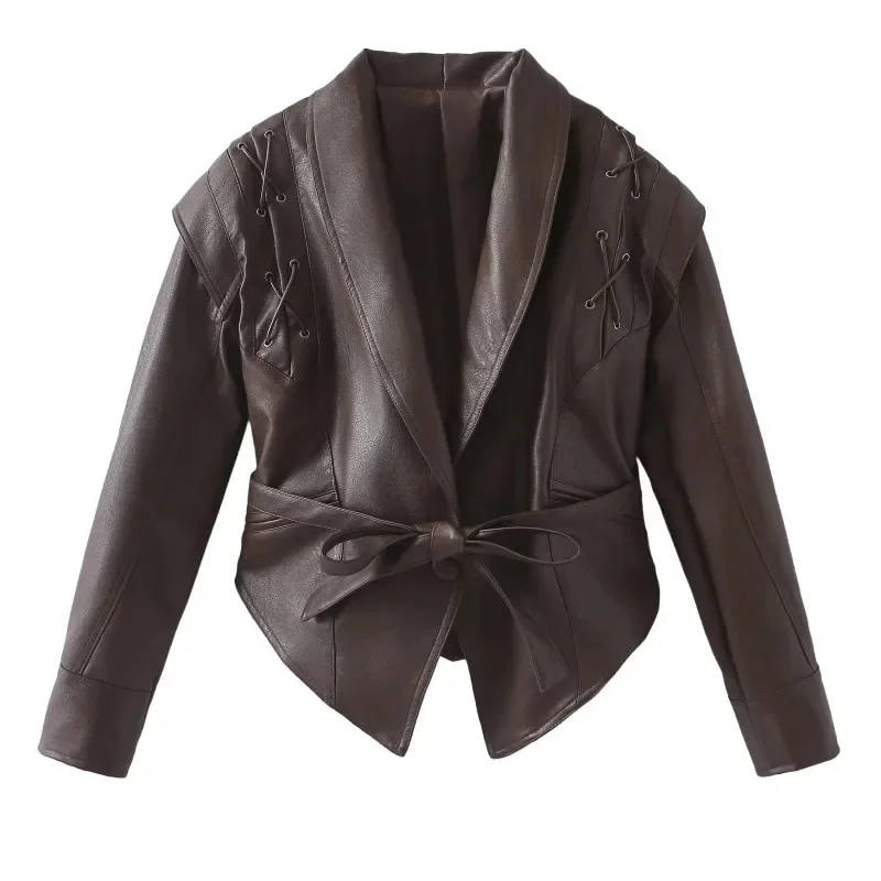 Veste de cavalier en similicuir PU pour femme, manches longues, fermeture à glissière à revers, robe gonflée, automne, mode féminine, vêtements de rue, 2023