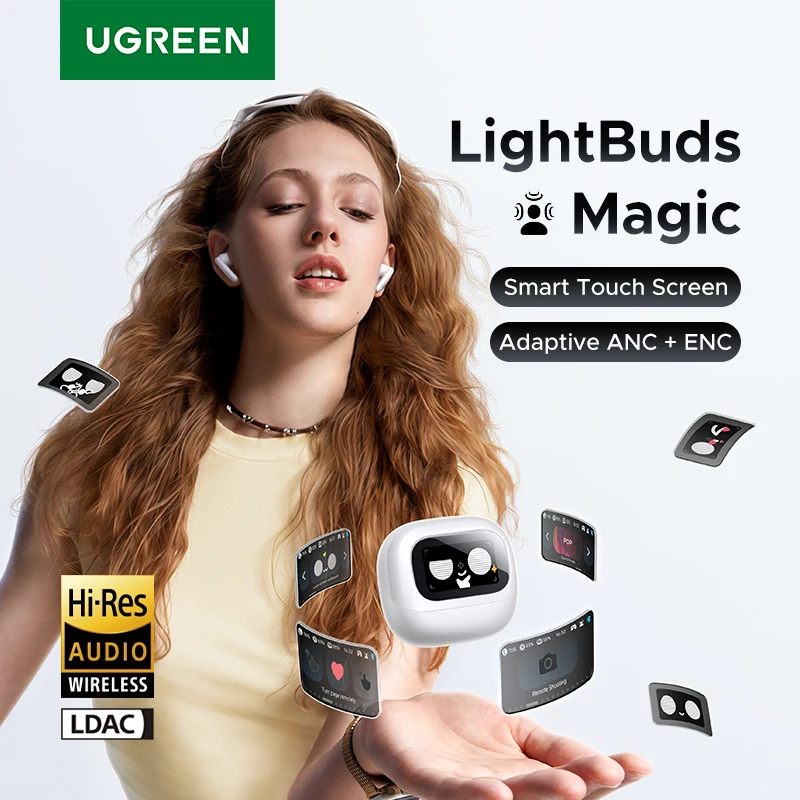 UGREEN Lightbuds Semi-open Adaptive Active Noise Cancellation ANC Wireless Bluetooth Earphones With LCD Full Color Smart Screen