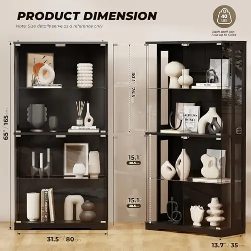 Display Cabinet with Glass Doors, 4-Tier Curio Cabinet with 3 Color Lights for Collectibles, Glass Display Case with