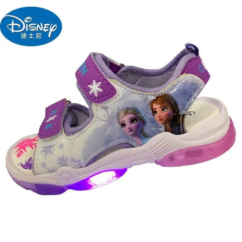 Disney girls frozen 2 princess soft Sandals with led light  kids soft bottom kids show Beach shoes