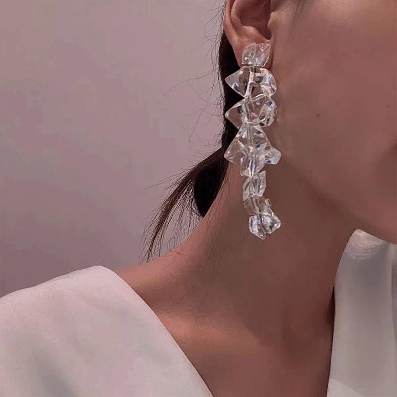 Cluster Crystal Acrylic Earrings For Women Ice Cube Irregular Large Long Drop Dangle Post Studs Big Earring Design Jewelry C1096