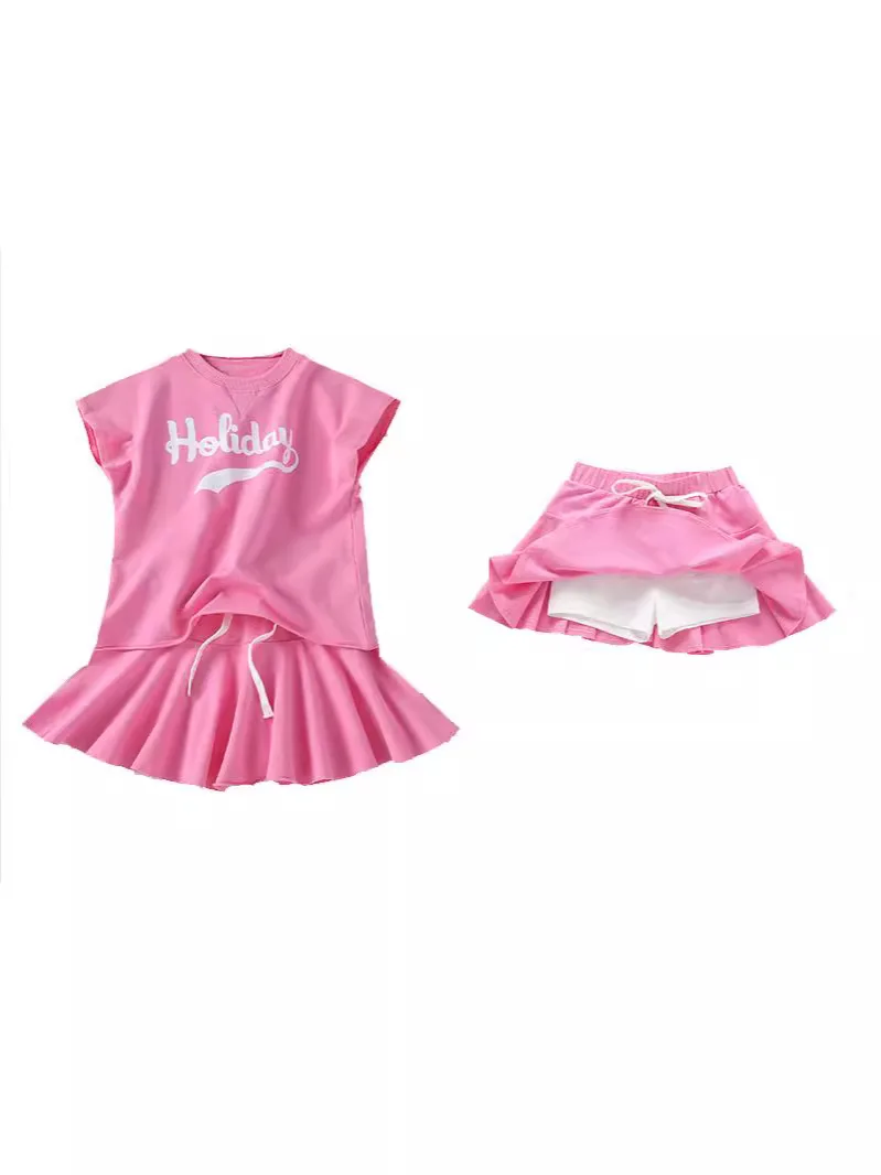 New Summer Girls Tennis Tracksuit Letters Batwing Holiday T-shirt + Loose Sport Pleated Skirt Teenager Children Set 5 12 Year image 2