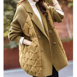 Coats Women Sweater Jackets Autumn Winter Thick Coat Turn Down Collar Parka Double Breasted Drawstring Loose Elegant Splice