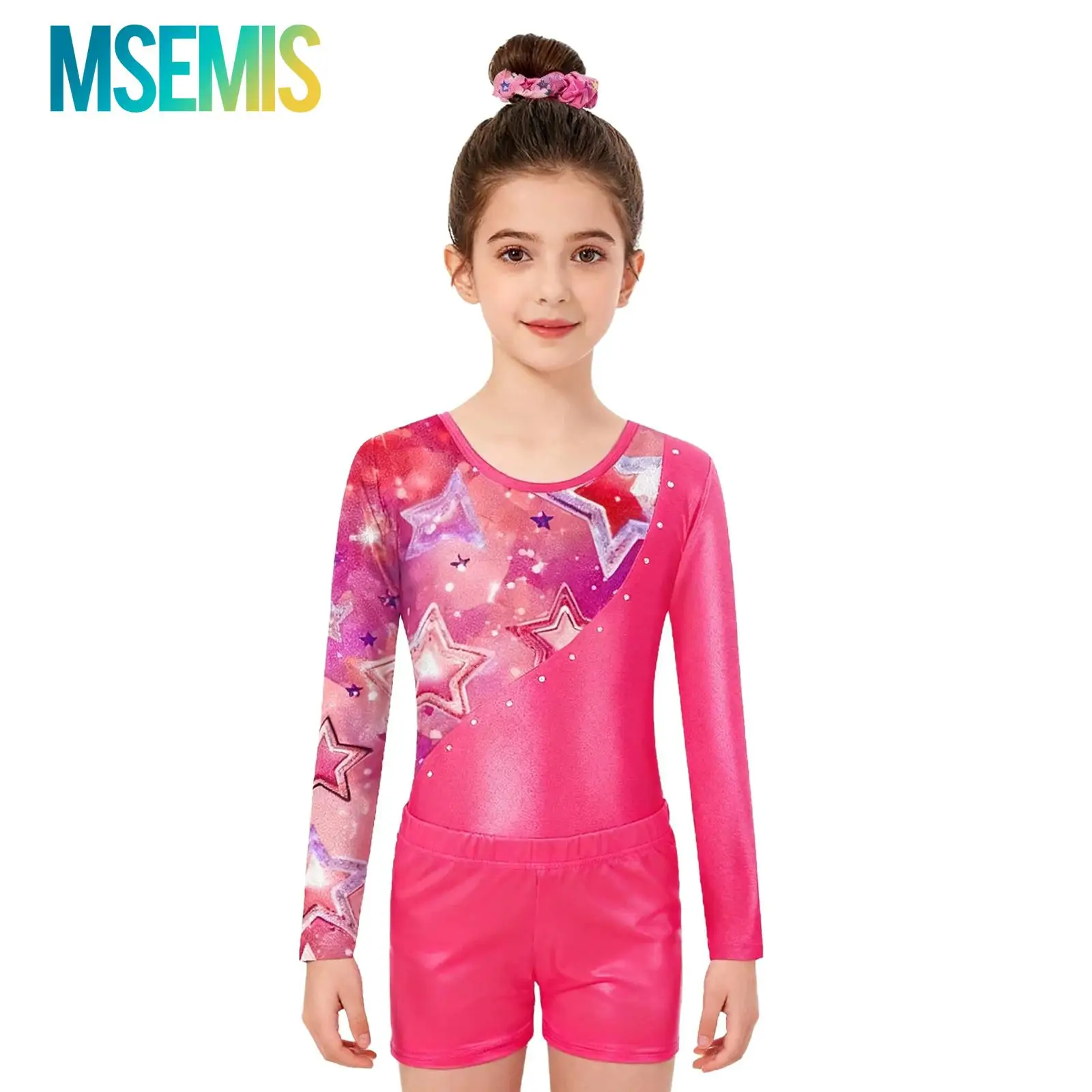 

Детские гимнастические трико для девочек, одежда для балета и танцев, глянцевое боди со звездным принтом, одинаковый комплект с шортами и резинкой для волос