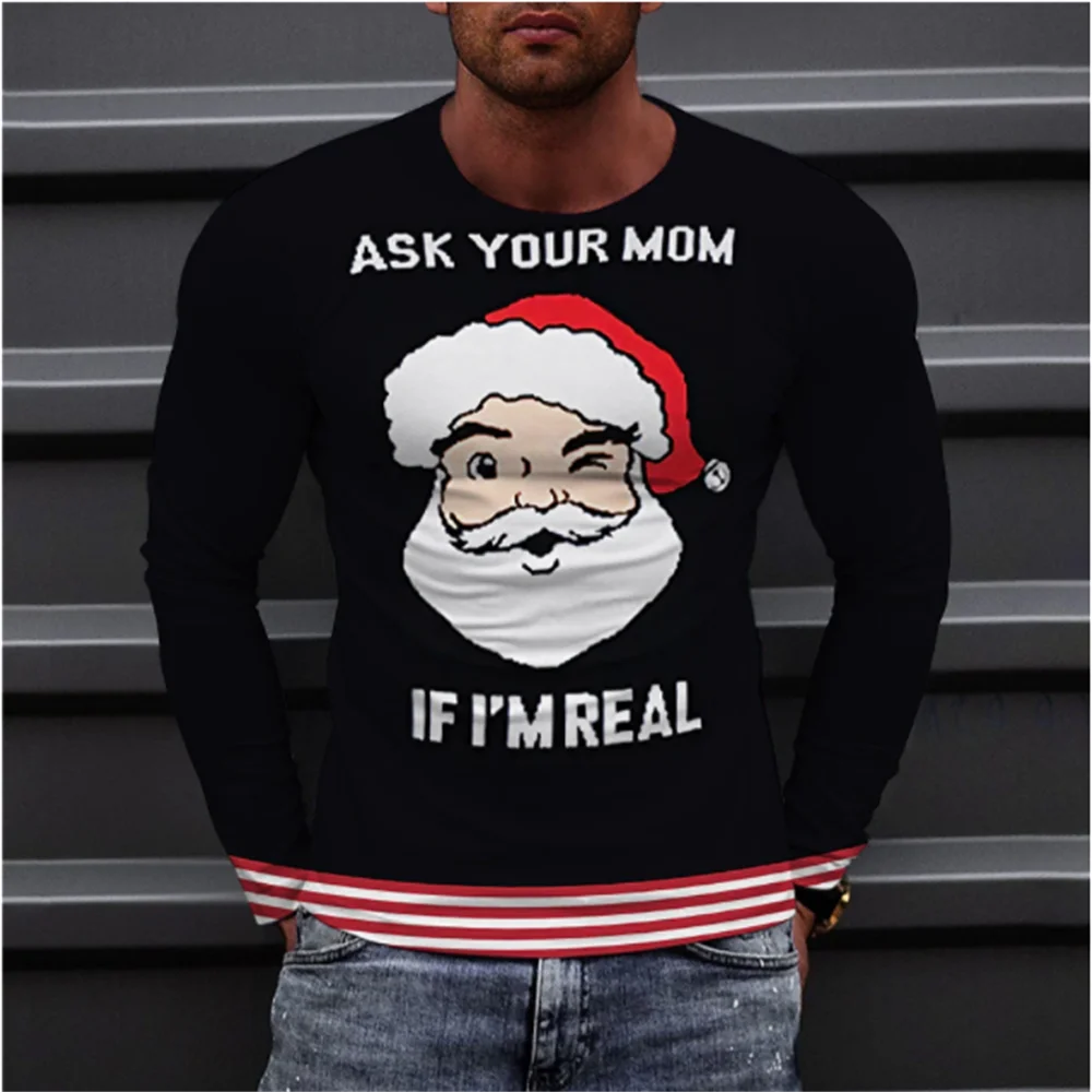 

X'mas Santa Claus 3D Spring and Autumn Men's Long sleeved T-shirt Fashion Personality Hardman Style Crew Neck Loose Top Regular