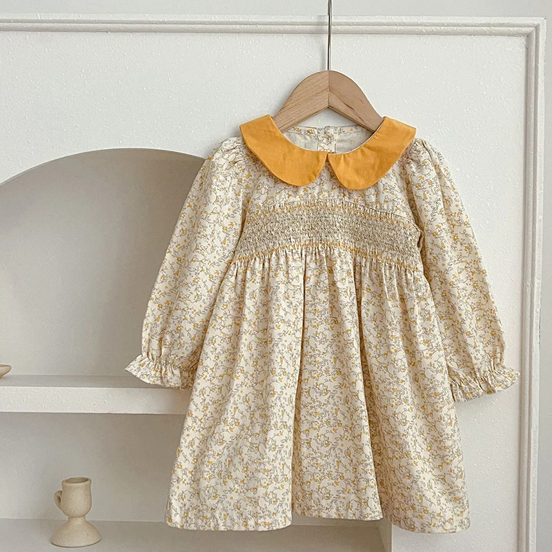 New Girls Clothes Autumn Smocking Dress Floral Children\'s Set Outerwear Outfits Spring Kids Clothing Baby Girls Princess Dress