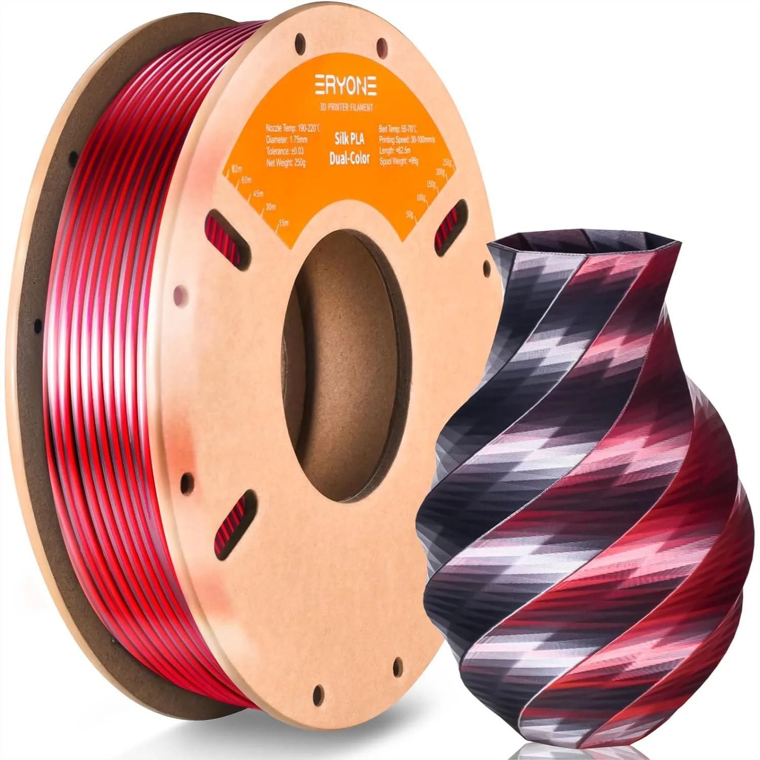 Silk Dual Color PLA Filament 1.75mm +/- 0.03mm, Bicolor Coextruded Filament for 3D Printer, 250g Spool Black Red with