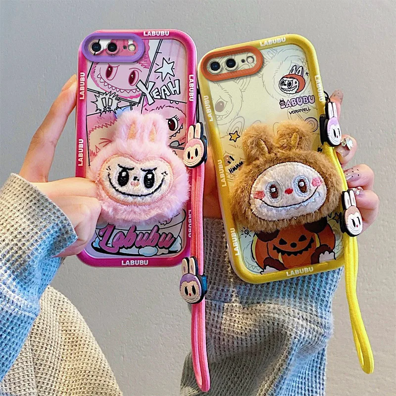 Cute 3D Cartoon Labubu Fur Phone Case for iPhone 6 6s Plus 7 8 Plus SE 2020 SE 2023 With Strap Plush Kuromi Toy Soft Cover