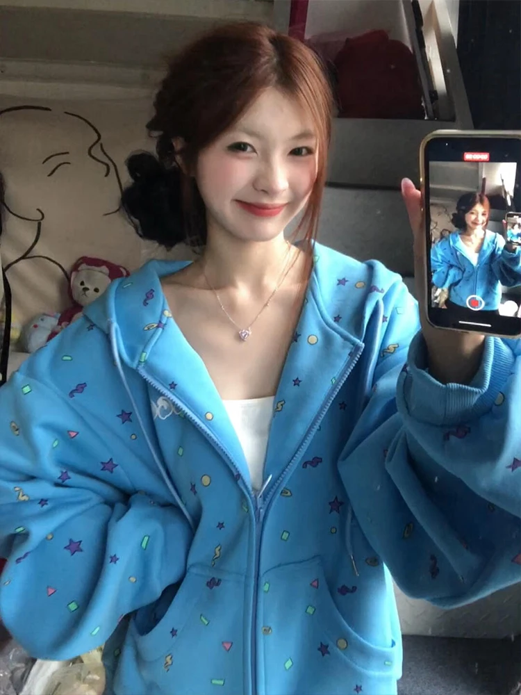 Luźna bluza z kapturem damska wiosenno-jesienna z nadrukiem gwiazd, styl high street, swobodna, wygodna odzież wierzchnia streetwear