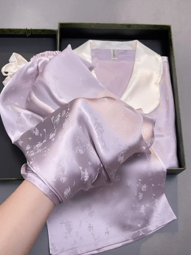 

New [Silk Light Luxury Pajama Women's Long Sleeve Home Clothes Set Sweet Doll Neck