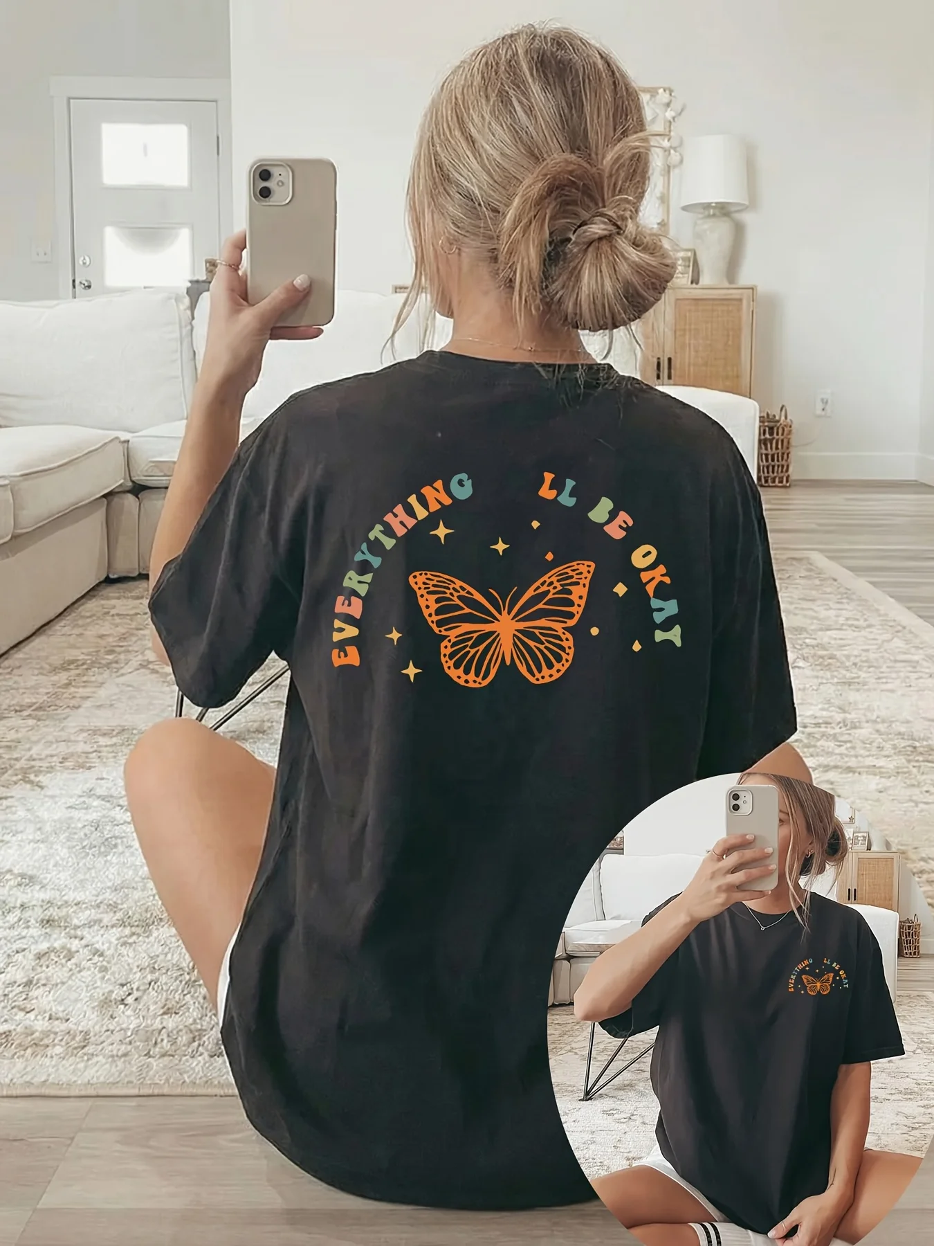 

Plus Size Summer Women's Butterfly Letter Print T-Shirt Cotton Breathable Stylish Versatile Street Style Oversized