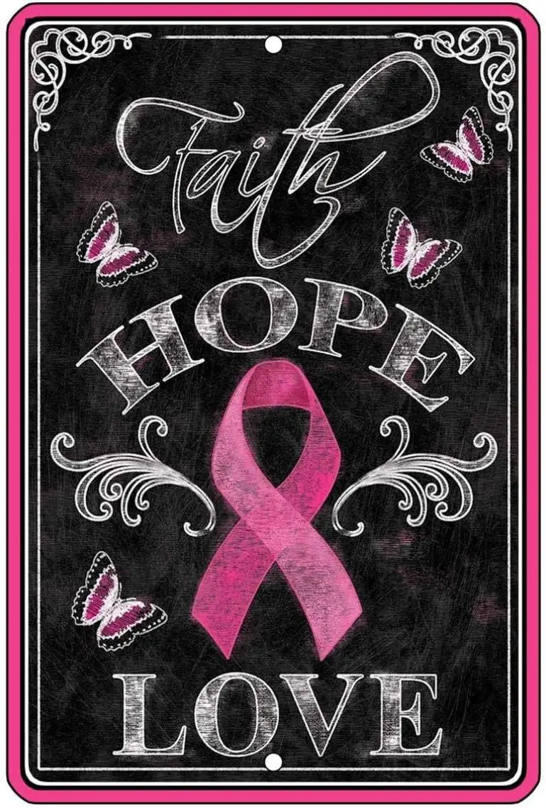 Faith Hope Love Metal Tin Sign Pink Ribbon Inspirational Breast Cancer Awareness Poster Wall Decor For Room Door Office Bar sign