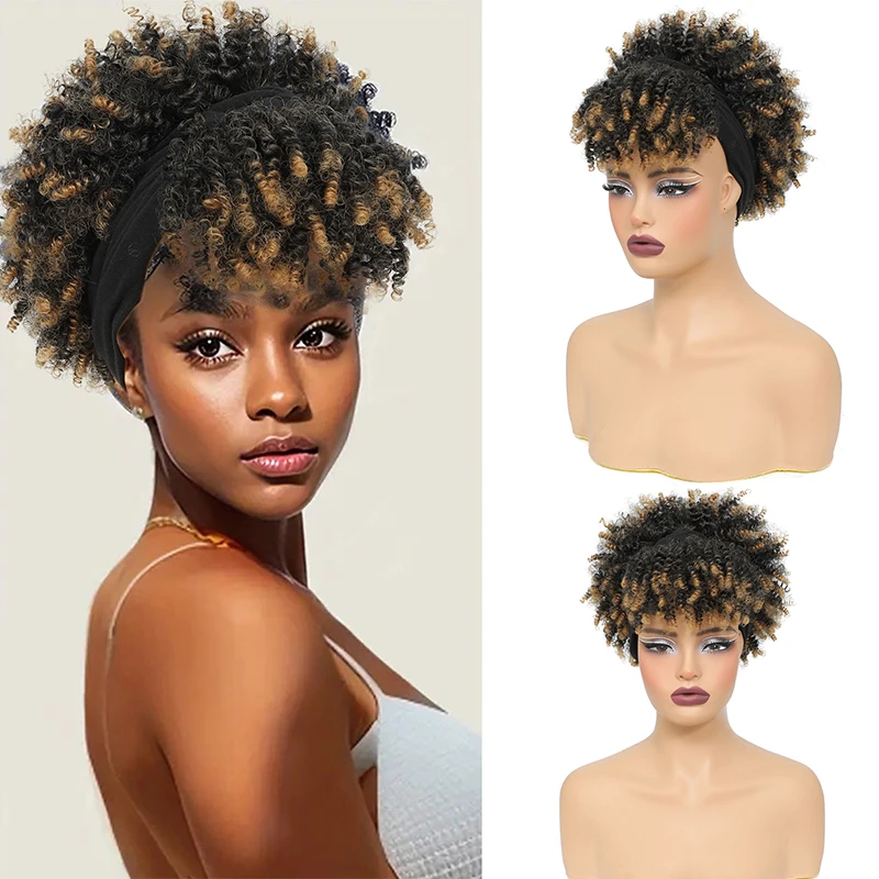 Synthetic Afro Curly Headband with Headband Attached Short Kinky Curly Head Band Wigs for Black Women 8inch High Curly Scarf Wig