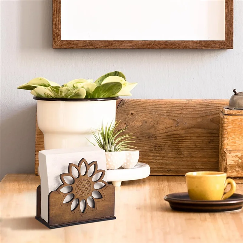 

AK25-2 Pcs Wooden Sunflower Napkin Holder Cocktail Farmhouse Napkin Dispenser For Dining Room Cocktail Kitchen