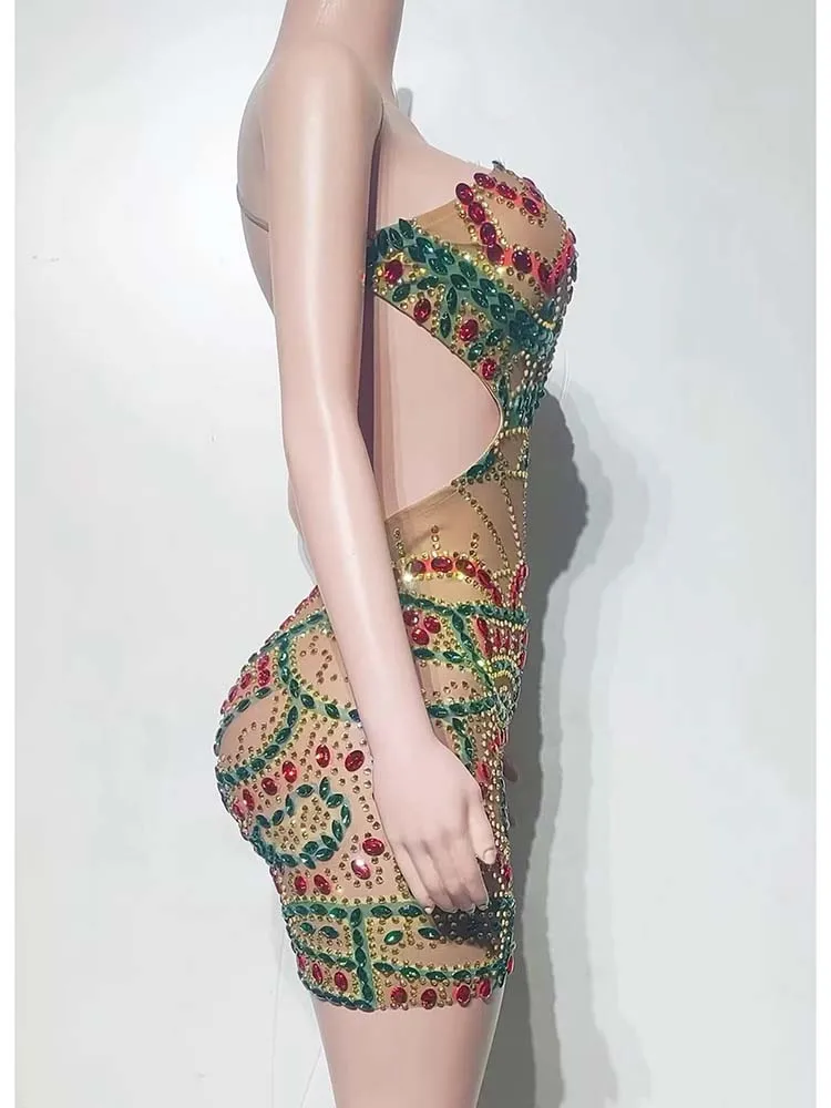 Abito con bretelle in rete trasparente con strass colorati di alta qualità 2025 Abbigliamento da donna personalizzato di nuova moda