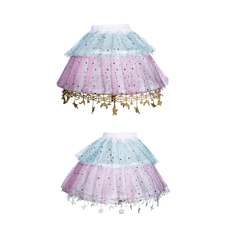 

F42F Womens Sequins Tiered Ruffle Petticoat Cosplay A Line Skirt Japanese Anime Star Moon Tassels Trim Underskirt Half Slips