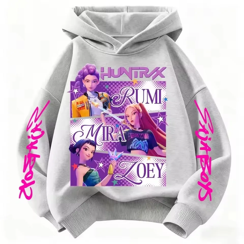 220g Schwerer Fleece-Wärmehoodie mit Anime-Huntrx-Motiv, Drei-Mädchen-Grafik, Kinder-Mode, Lila Pullover-Sweatshirt für Mädchen – Detail 8