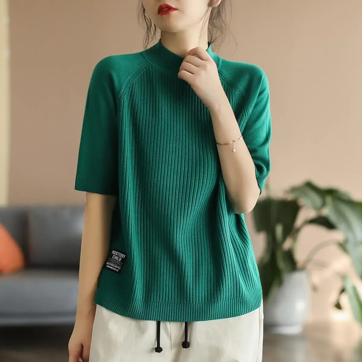 

New Summer Literary Casual Half-high Neck Knitted Sweater Women's Label Ice Silk Pit Strip Loose Versatile Pullover Top