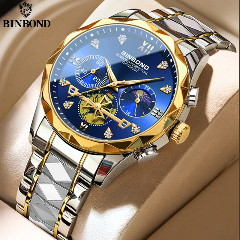 BINBOND Luxury Man Wristwatch Waterproof Luminous Chronograph Watch for Men Stainless Steel Men\'s Quartz Watches reloj hombre