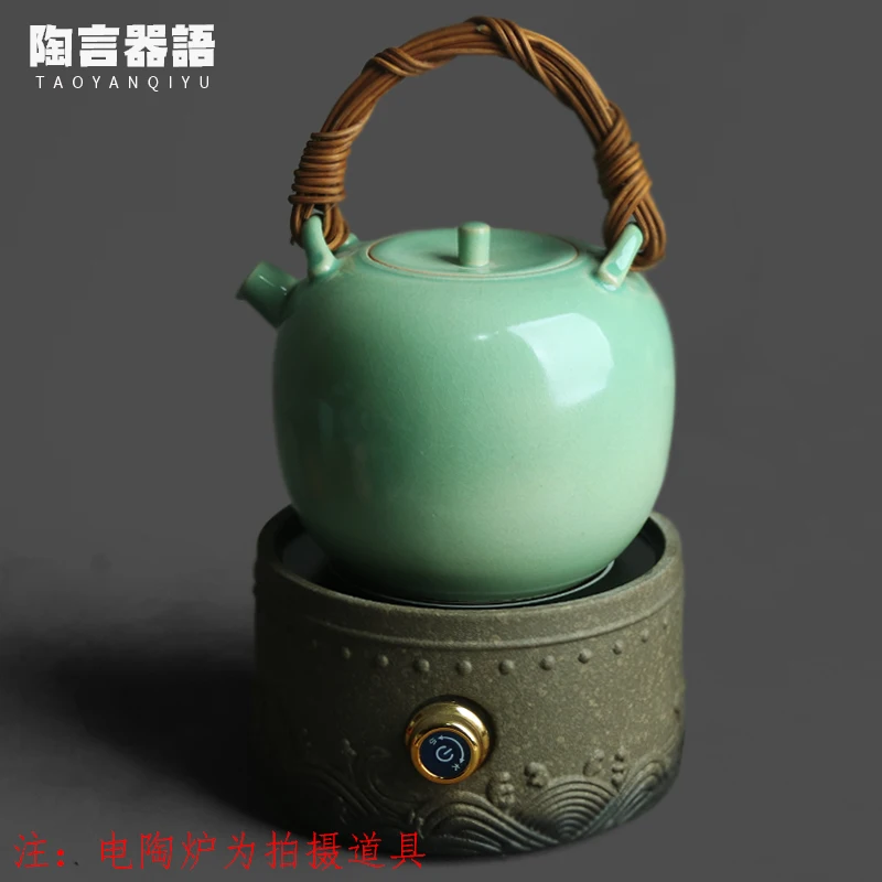 Fruit Green Soda Glaze Rattan Handle Teapot, Chinese Antique Style, Electric Charcoal Stove, Large Burning Kettle”