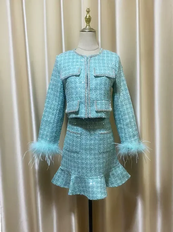 2 Piece Set Outfit for Christmas Luxury Green Sequins Feather Collar Sleeves Tweed Jacket + Fish Tail Skirt Two-piece Set Women