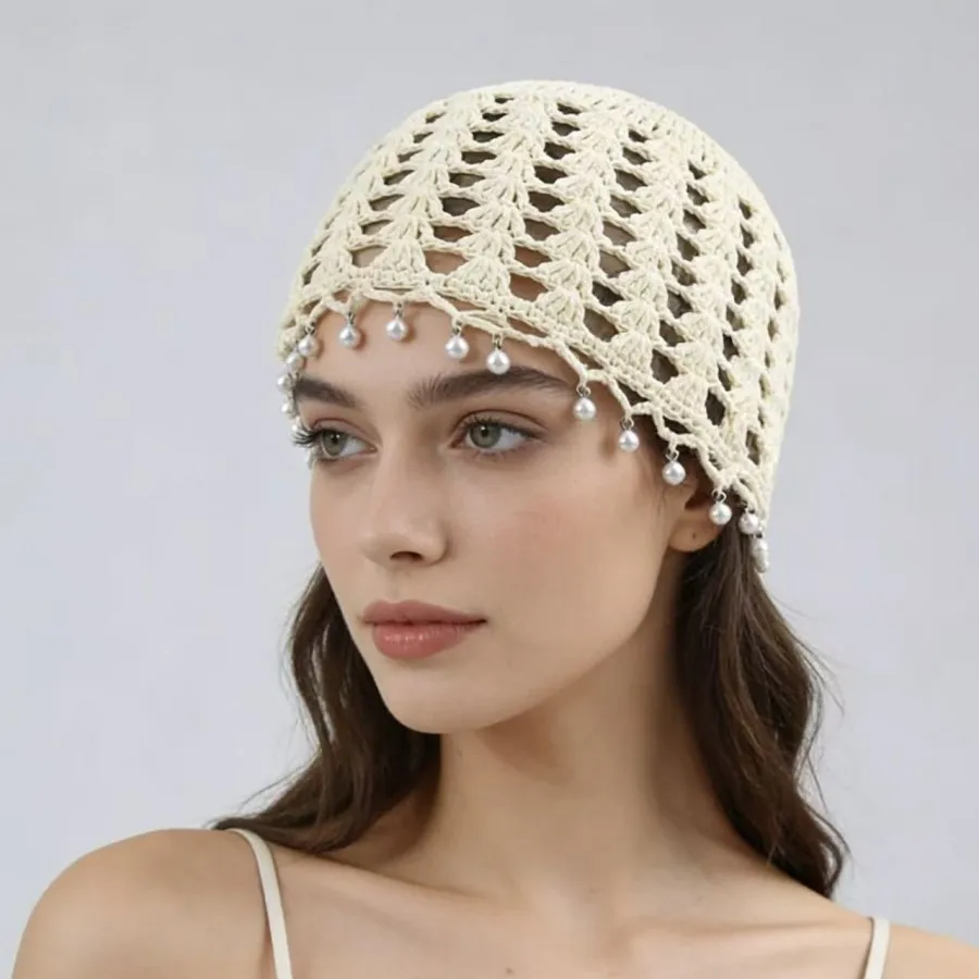 Hand-Woven Hollow-Out Headgear for Women Summer Breathable Artistic Versatile Pullover Hat with Sequins and Pearls, Knitted Hat image 3