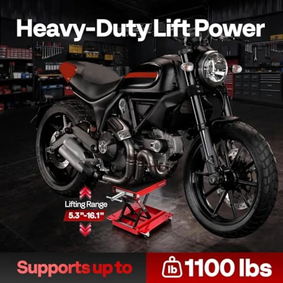 1100 Lbs Motorcycle Lift Jack, Steel Wide Deck ATV Scissor Lift with Dolly Wheels and Hand Crank, Bike Garage Repair Hoist Stan