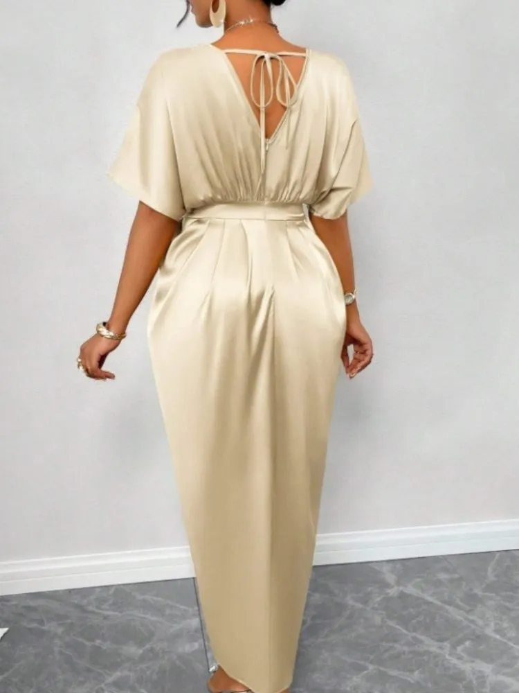 فستان نسائي أنيق من الساتان الصلب مثير بدون ظهر ميدي فستان صيفي بياقة على شكل v وأكمام طويلة فستان نحيف فساتين حفلات الشاطئ غير رسمية #2