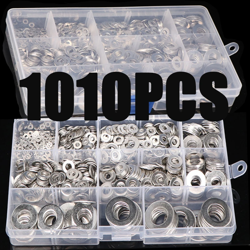 1010pcs Stainless Steel Washer Set M2 M3 M4 M5 M6 M8 M10 M12 Washer Flat Washers Ring Plain Washer Gaskets Assortment Kit