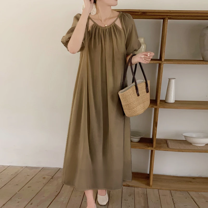 Chic Summer Lazy Sle Women's Loose Casual  Color Bubble Sve Dr Ne Hanging Hollow Design Korean Sle Long Dr