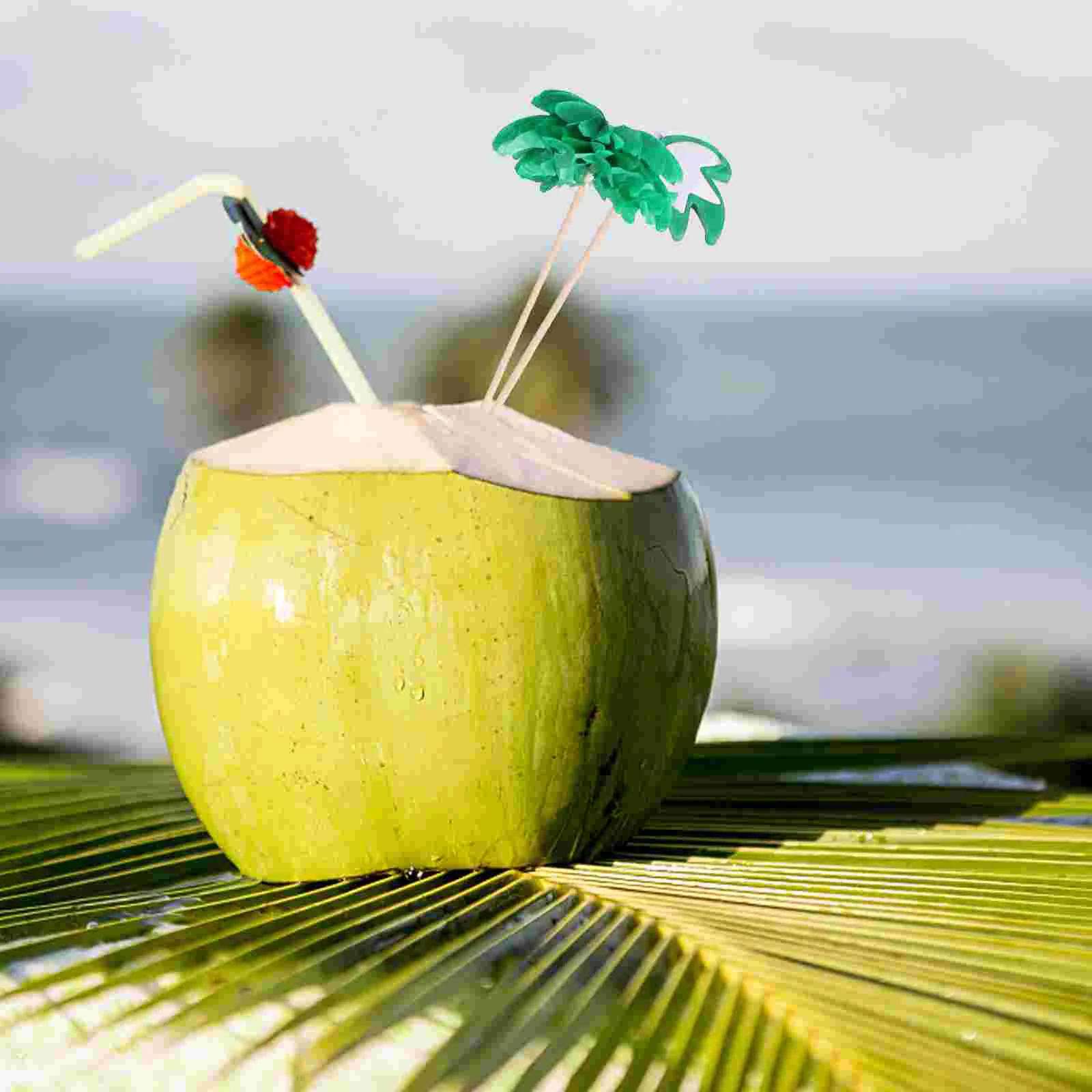 50 Pcs Coconut Stick Fruit Pick Toppers Picks Decorate Cocktail Sticks Wooden Cake Hawaiian Pool Party