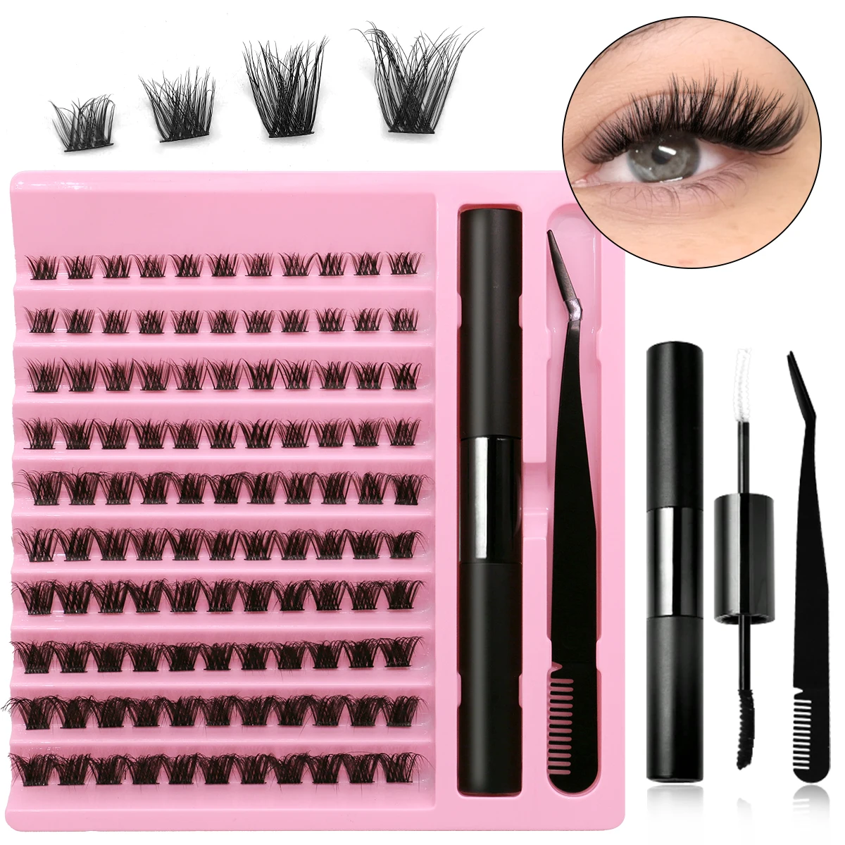 GROINNEYA DIY Lash Extension Kit Lash Clusters With Waterproof Strong Hold Lash Bond And Seal And Eyelash Tweezers Lash Cluster