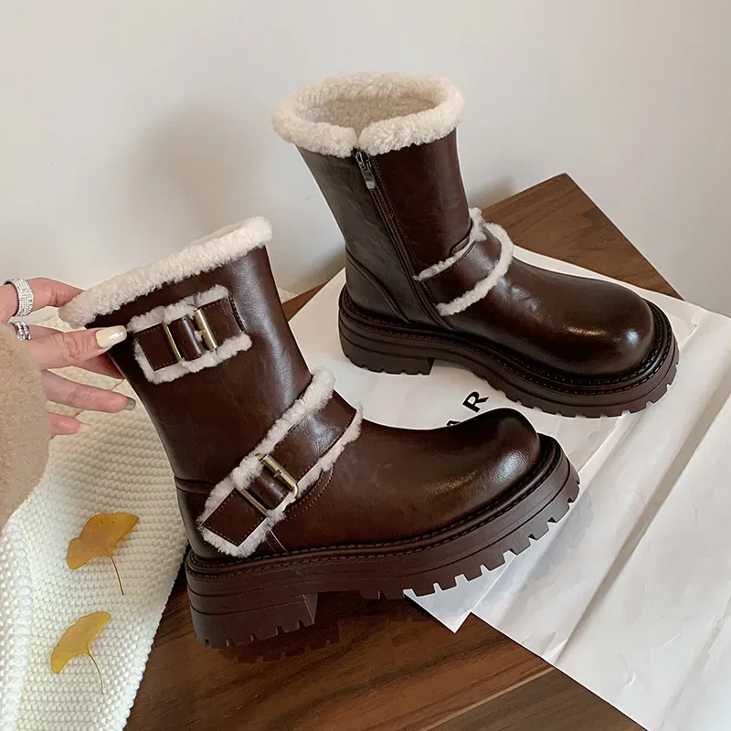 

Винтажные зимние теплые женские сапоги из хлопка, модная обувь на квадратном каблуке с ремешком и пряжкой, Нескользящие ботинки до середины икры