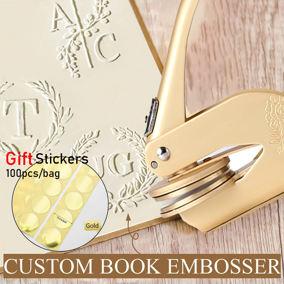 

Personalized Wedding Embosser and 100pcs Gold Stickers Set, Custom Logo Embosser for Wedding Invitation, Personalized Initial