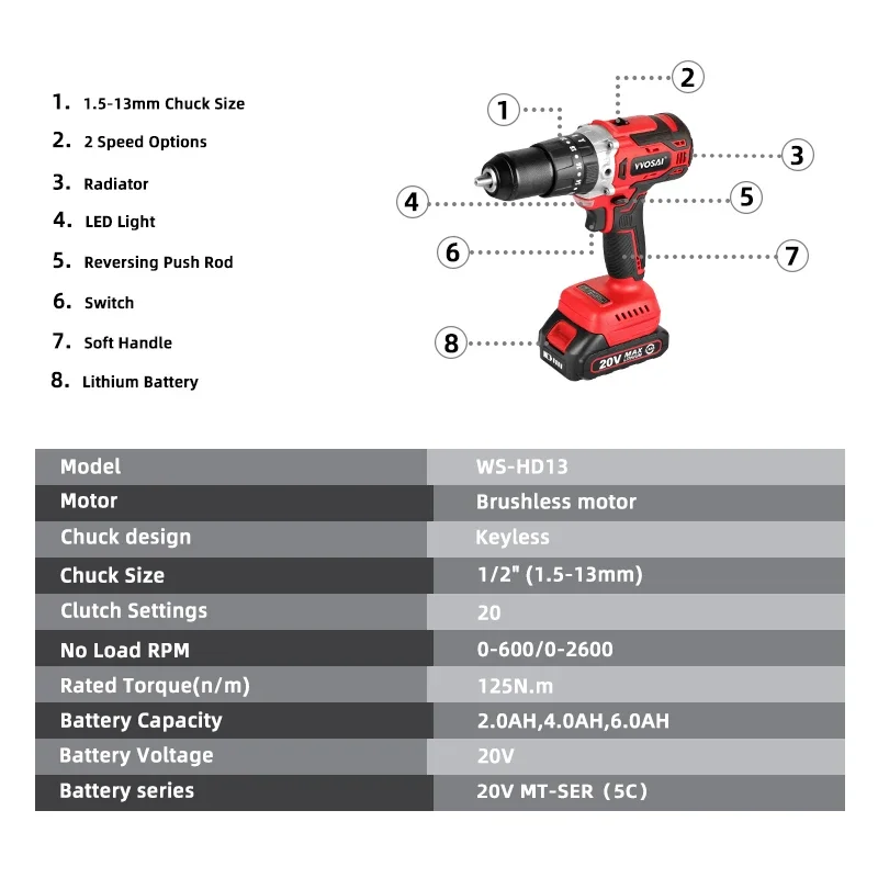 VVOSAI MT-Series 125N.m 20V Brushless Electric Drill 13mm Cordless Drill Hammer Li-ion Battery Electric Power Screwdriver