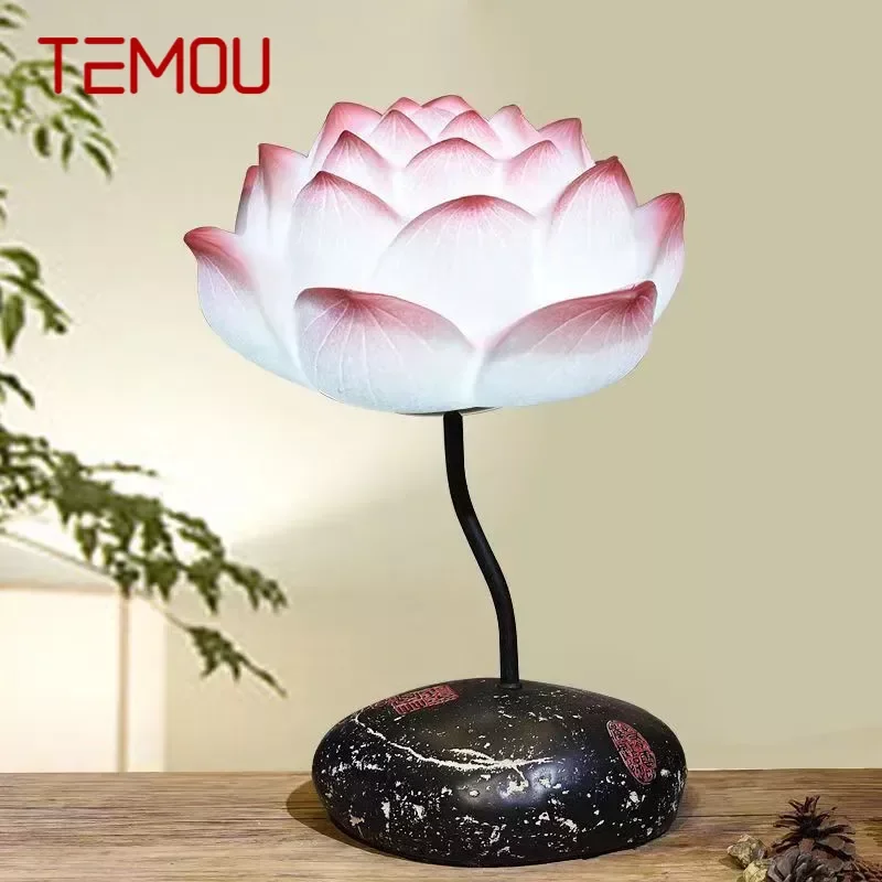 

TEMOU Contemporary Lotus Table Lamp Chinese Style Living Room Bedroom Tea Room Study Art Decorative Light