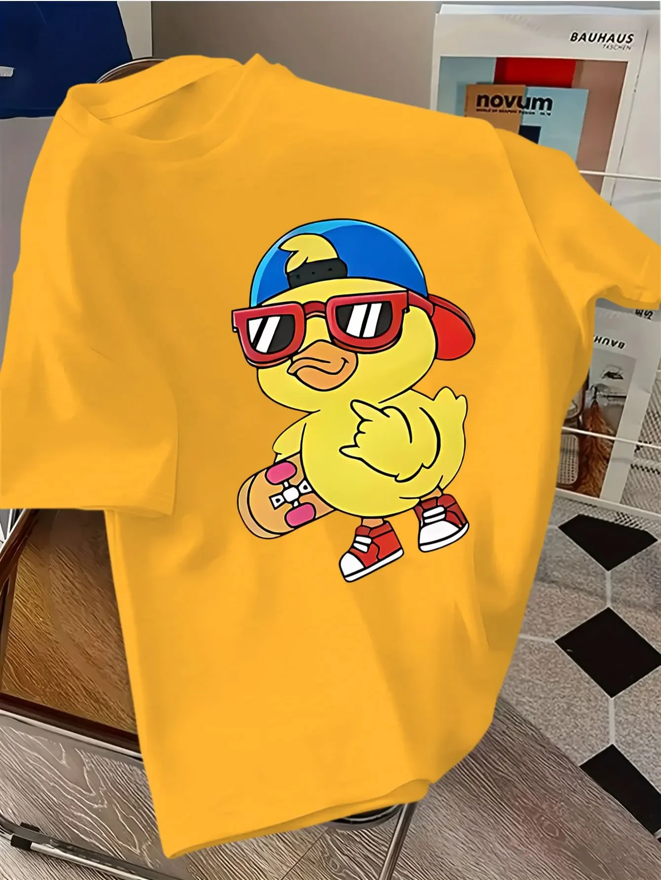 Youth Trendy T-shirt Cartoon Little Yellow Duck Skateboarding Summer Fashion Casual Loose Parent Child Clothes
